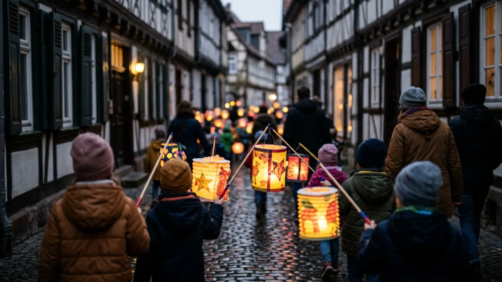 Bunte, leuchtende Papierlaternen an Stäben bei einem abendlichen Umzug durch eine historische Altstadtgasse.