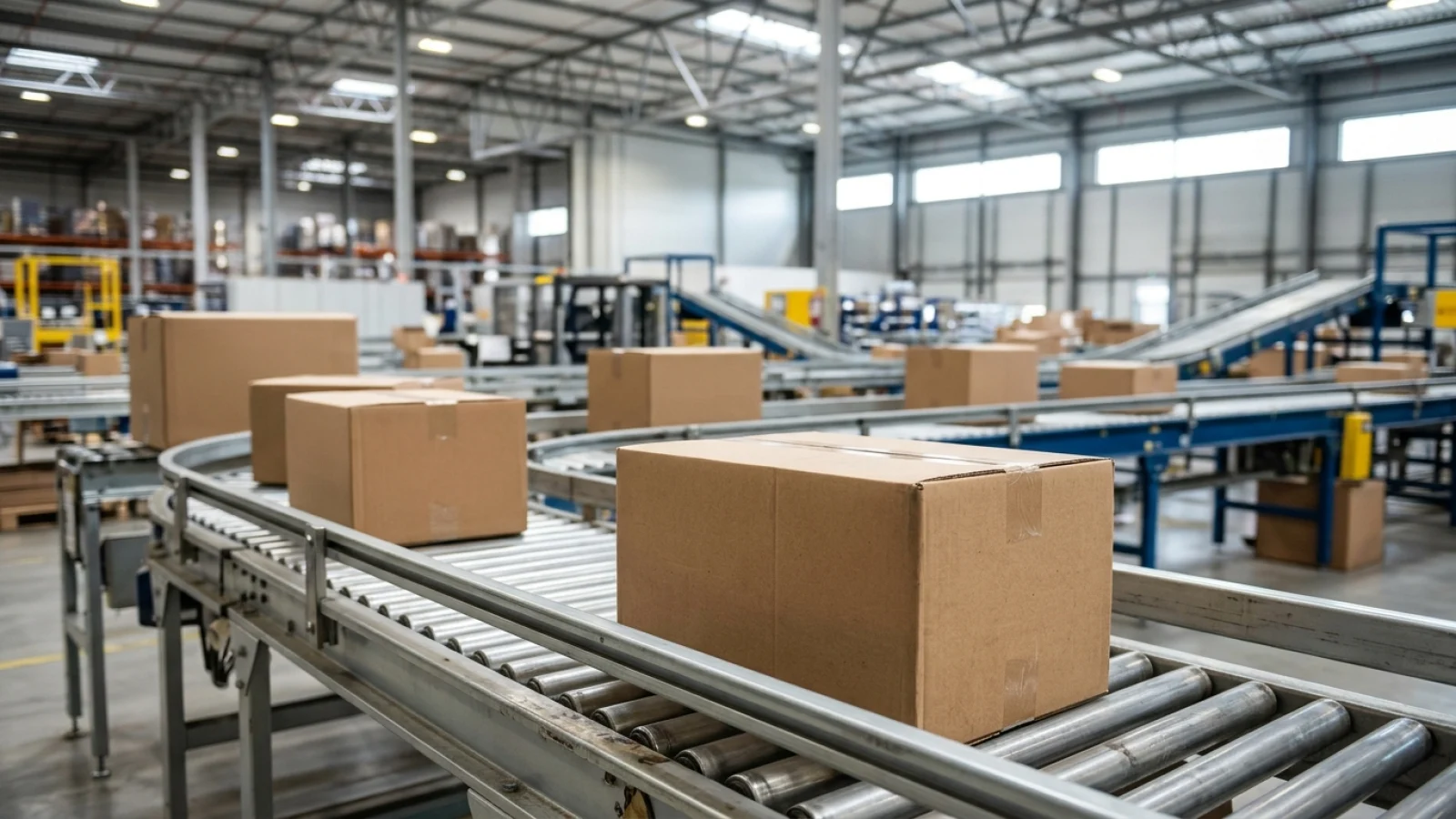 Mehrere braune Versandkartons ohne Aufschrift liegen auf einem Förderband in einer hellen Logistikhalle.