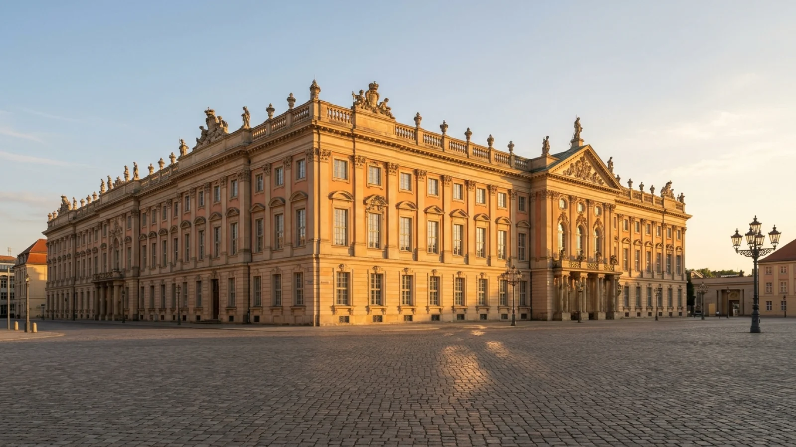 Potsdamer Stadtschloss und Alter Markt im warmen Abendlicht, ein weitläufiger, menschenleerer Platz.
