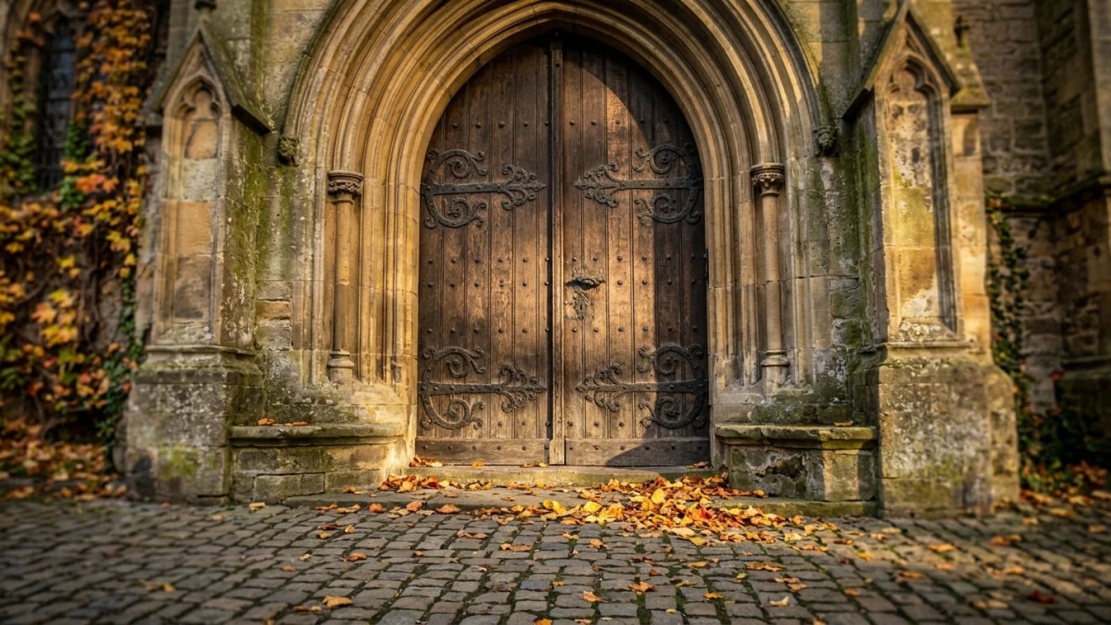 Schwere alte Holztür einer gotischen Kirche im warmen Herbstlicht mit herabgefallenen Blättern auf dem Pflaster davor.