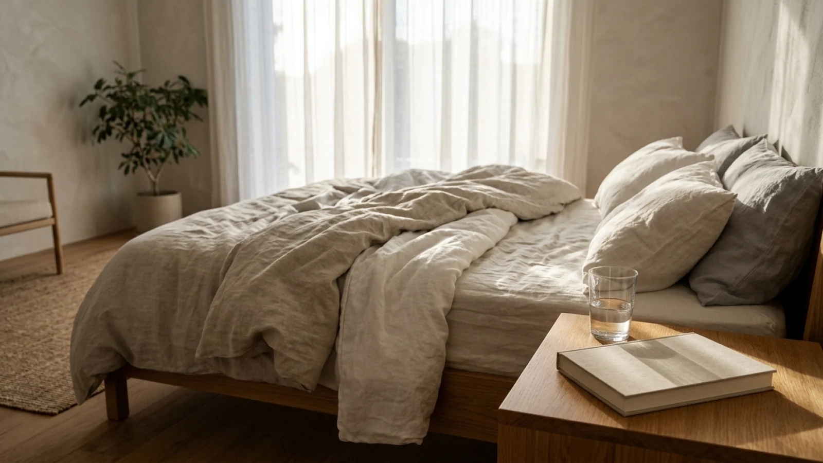 Ein ungemachtes Bett mit zerknitterter Bettwäsche am Morgen, daneben ein Nachttisch mit Wasserglas und Buch.