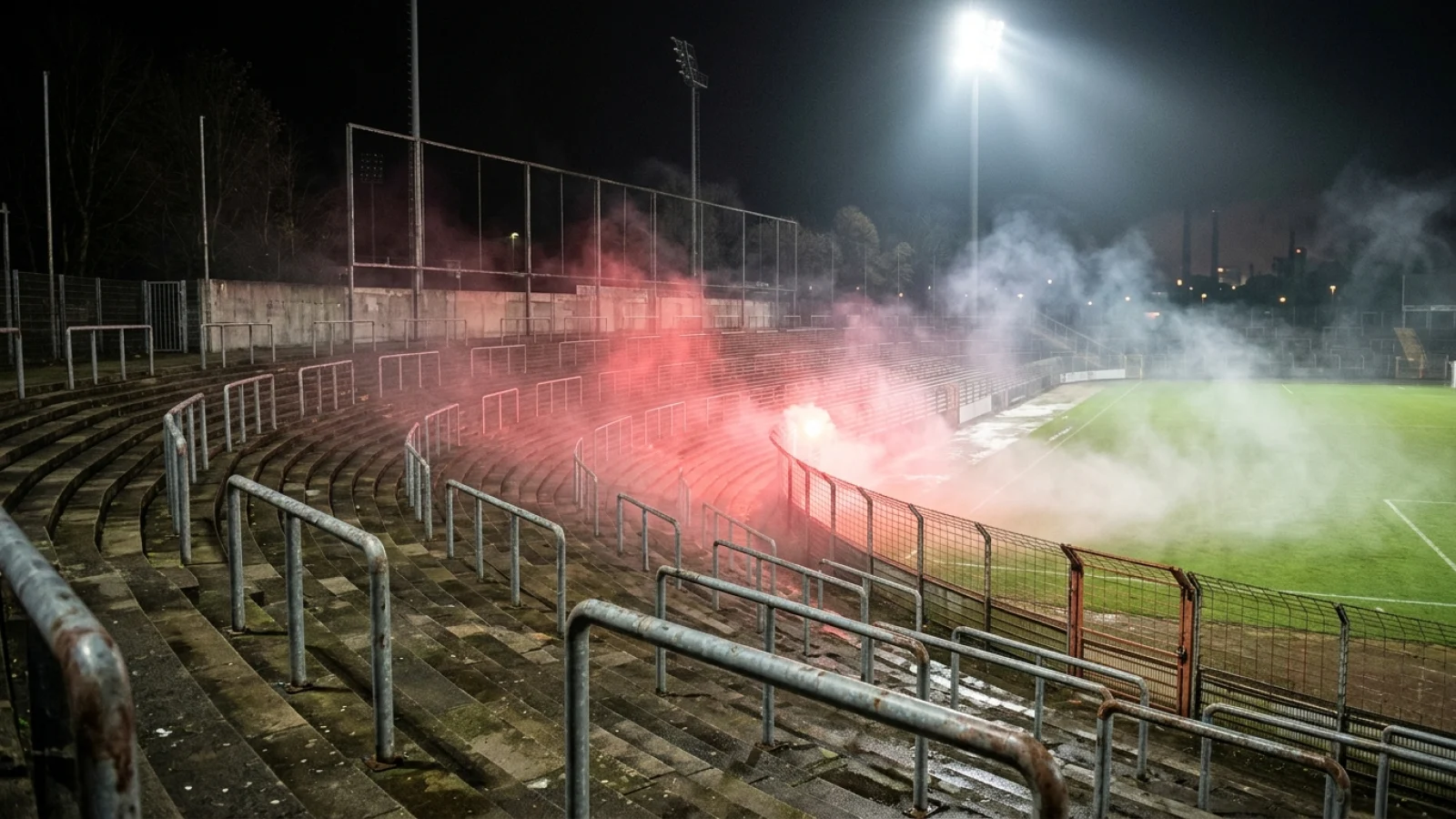 Leere Stehplatztribüne eines Fußballstadions bei Nacht unter Flutlicht mit aufsteigendem rotem und weißem Rauch.