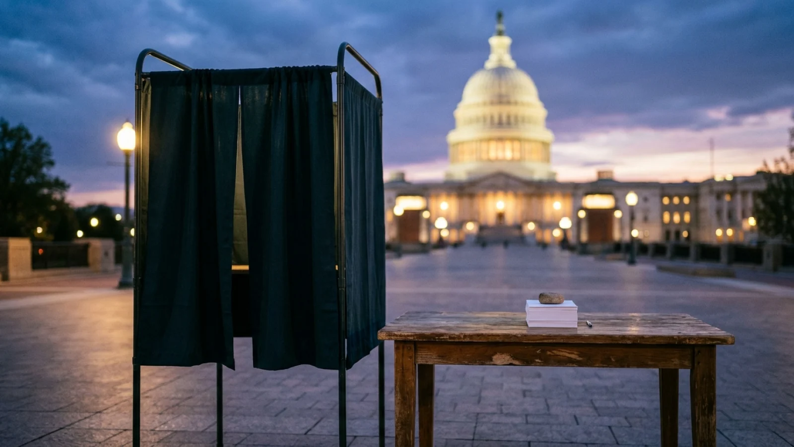 Das beleuchtete US-Kapitol in der Dämmerung hinter einer leeren Wahlkabine und einem Holztisch mit unbedruckten Stimmzetteln.