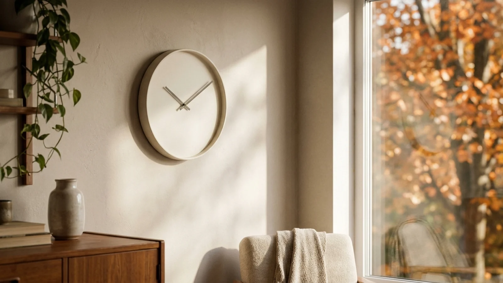 Analoge Wanduhr ohne Ziffern an einer Wand neben einem Fenster mit Blick auf buntes Herbstlaub im Morgenlicht.